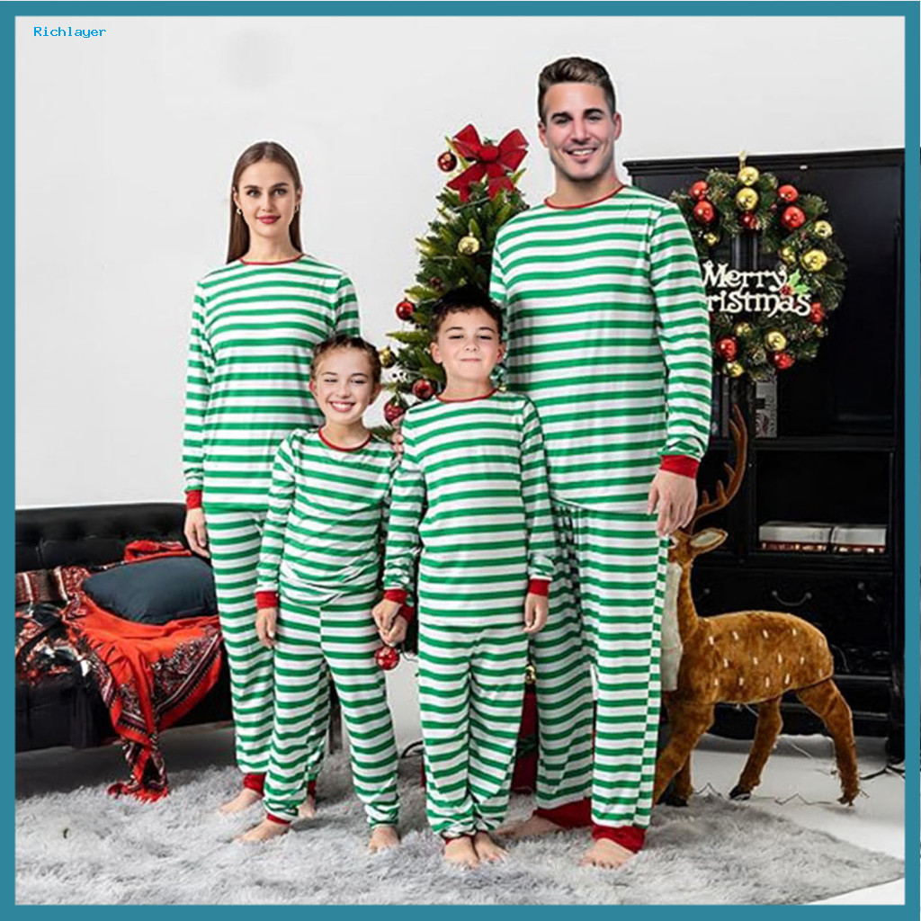 Holiday Matching Wear Family Pajamas Sets Set Green White Striped Christmas 2-piece Long Sleeve Sleepwear Pjs for Men Wo