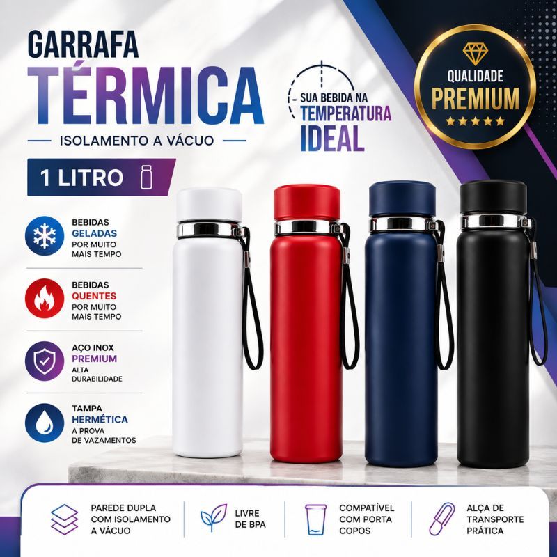 Garrafa Térmica 1000ml Antivazamento Inox SUS 316 com Alça 1 Litro Parede Dupla Quente Frio