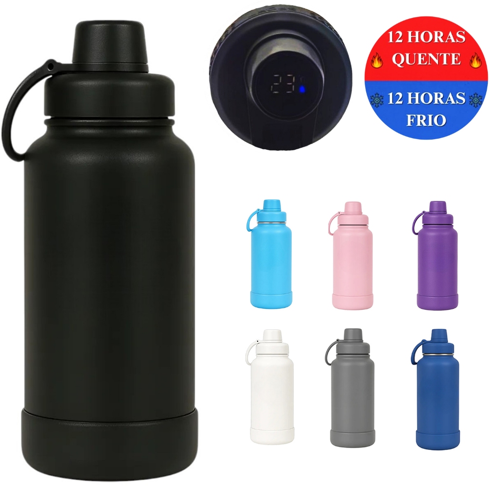 Garrafa De Água Térmica Academia Inox Temperatura Digital Led Com Alça 1000ml
