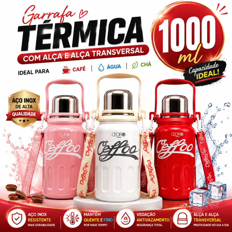 Garrafa Térmica 1000ml Inox Com Alça e Alça Transversal Para Café Água Chá Quente e Frio |CL2224| Pronta Entrega