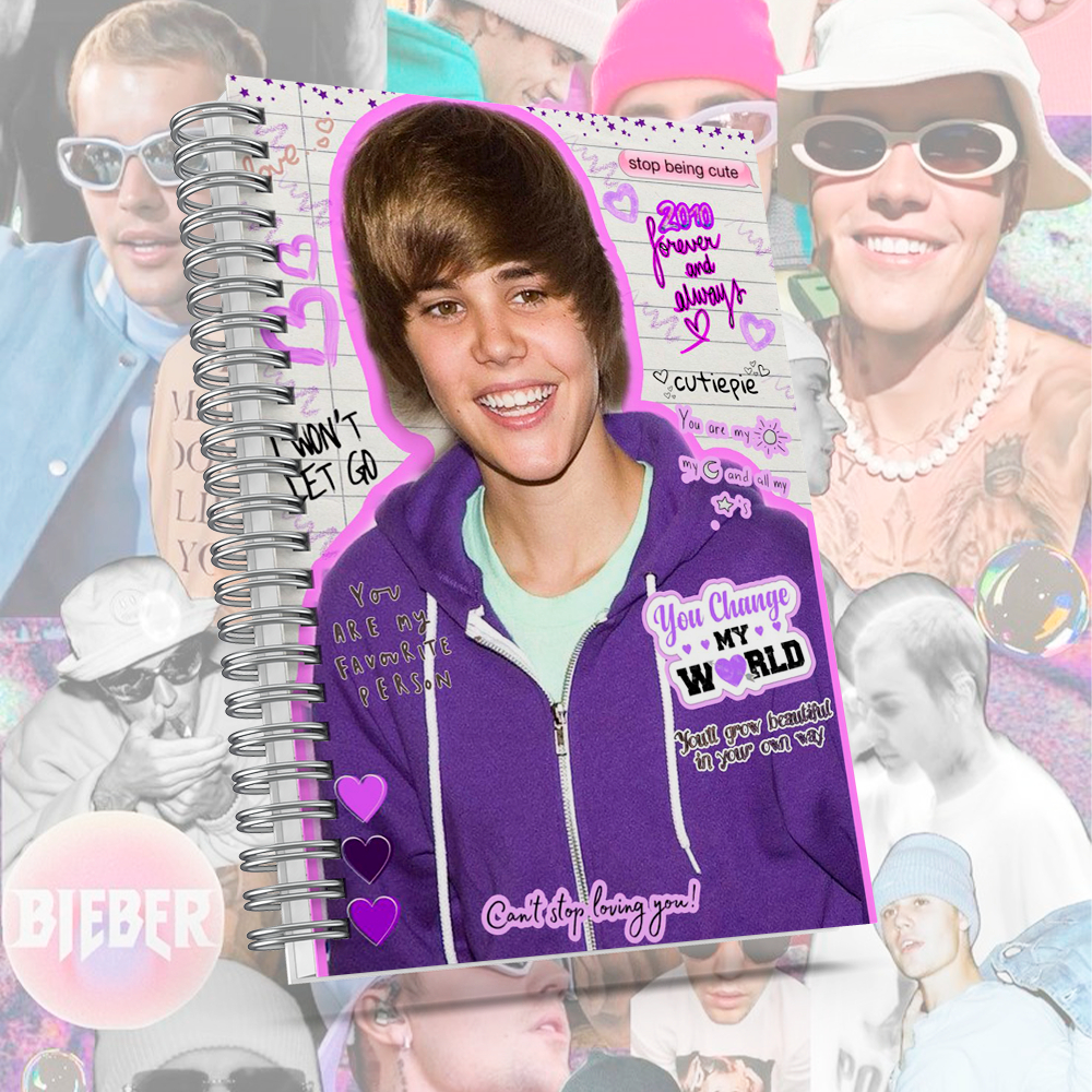 Caderno Justin Bieber com brinde especial - Capa dura, alta qualidade de impressão.