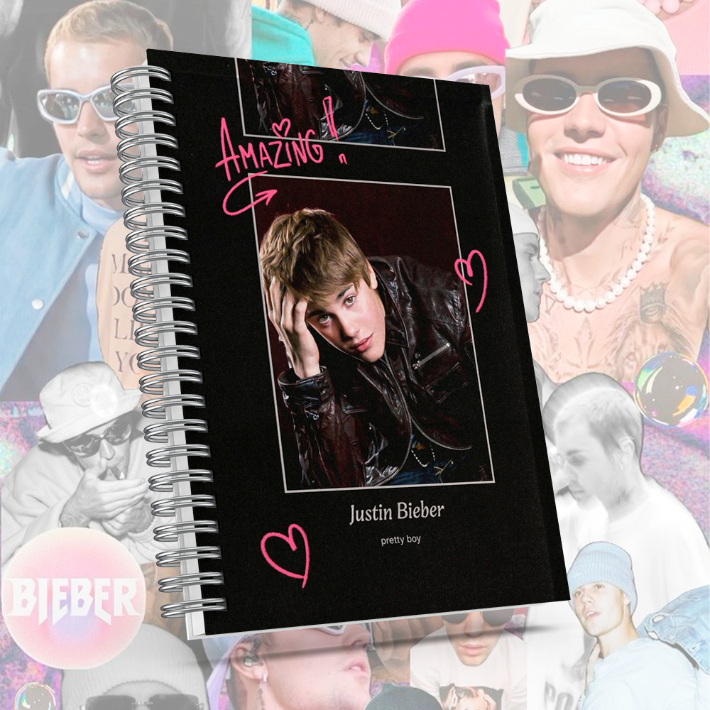 Caderno Justin Bieber com brinde especial - Capa dura, alta qualidade de impressão.