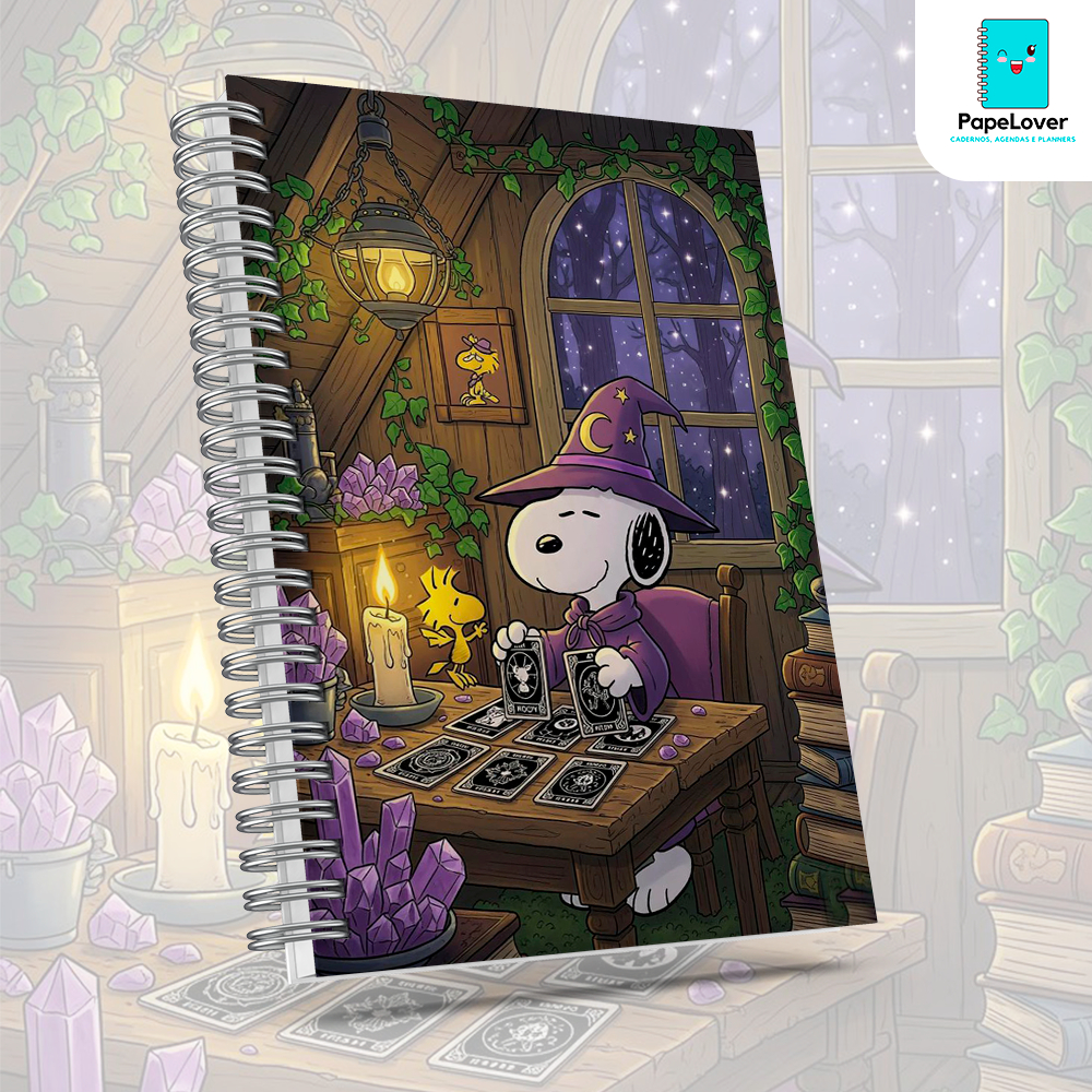 Caderno Snoopy Tarot com brinde especial e opção de agenda - Capa dura, impressão HD.