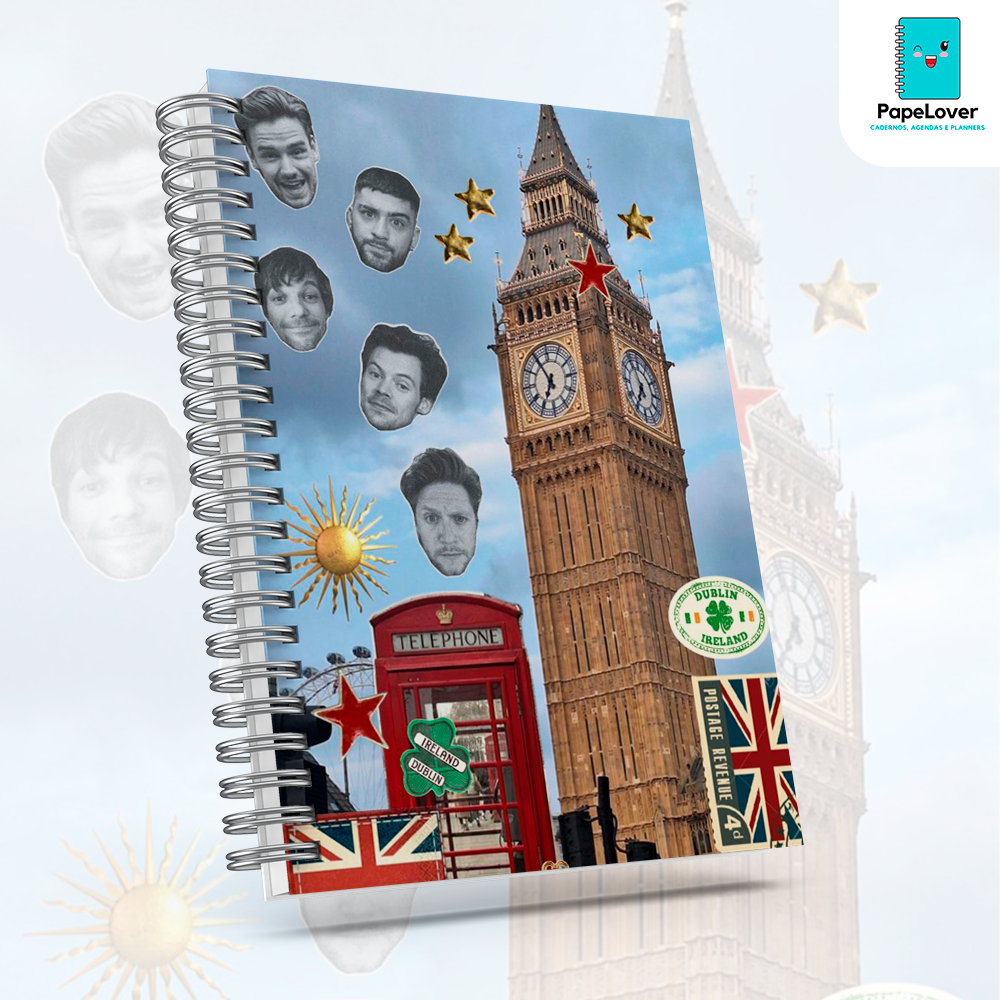 Caderno Londres One Direction com brinde especial e opção de agenda - Capa dura, impressão HD.