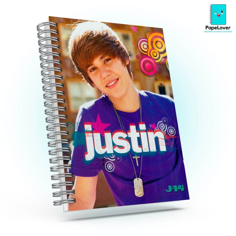 Caderno vintage Justin Bieber com brinde especial - Capa dura, impressão HD.