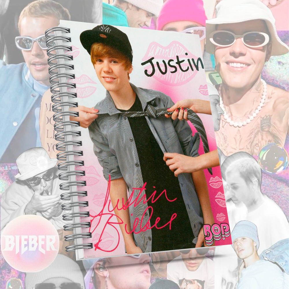 Caderno Justin Bieber com brinde especial - Capa dura, alta qualidade de impressão