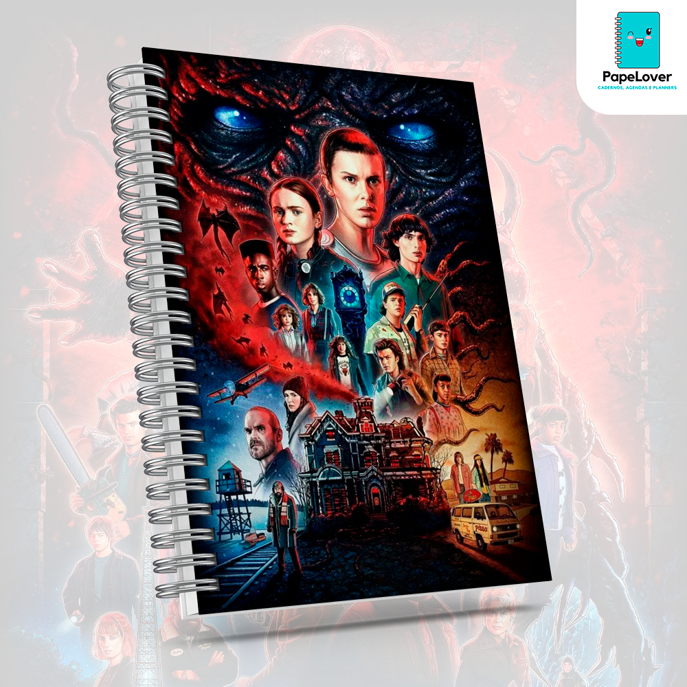 Caderno Stranger Things com brinde especial e opção de agenda - Capa dura, impressão HD.