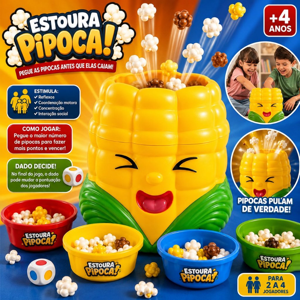 Jogo Estoura Pipoca Infantil Interativo com Dado para 2 a 4 Jogadores Brinquedo Educativo