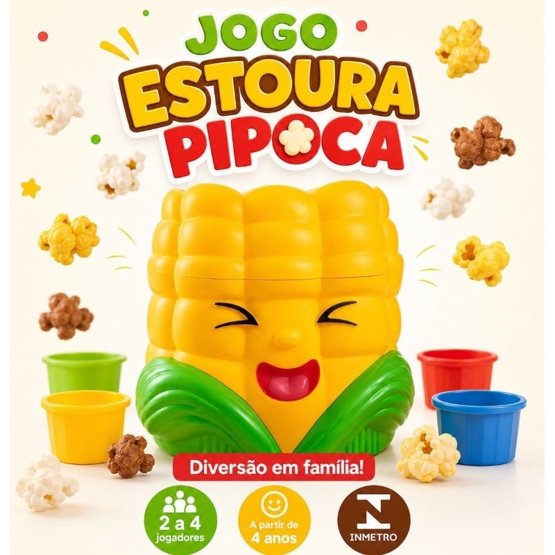 Jogo Estoura Pipoca Infantil Interativo 2 a 4 Jogadores com 70 Pipocas Dado e Potinhos INMETRO