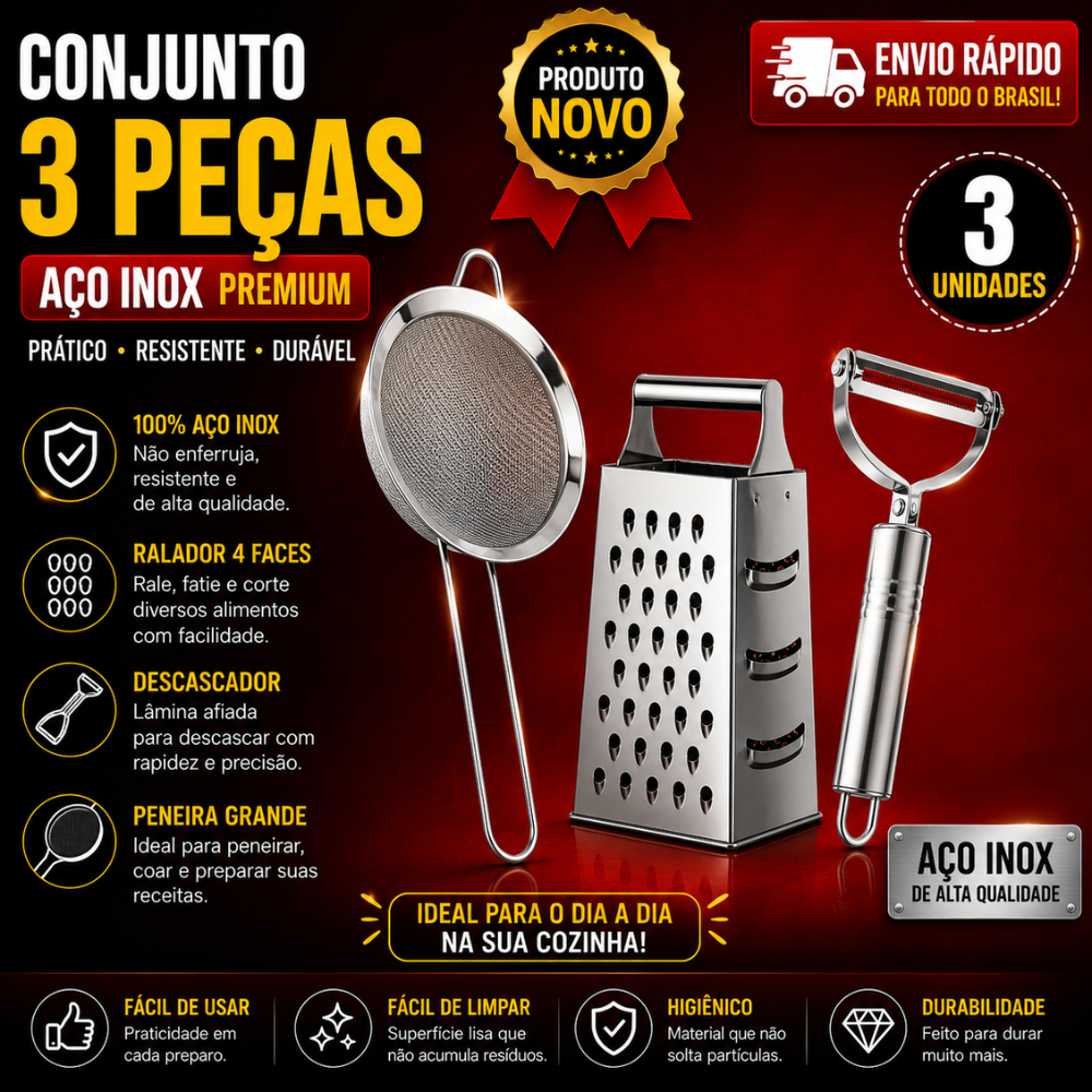 Conj 2 Peneira Grande Ralador 4 Faces Descascador Aço Inox para Cozinha e Conj 1 Batedor de Ovos