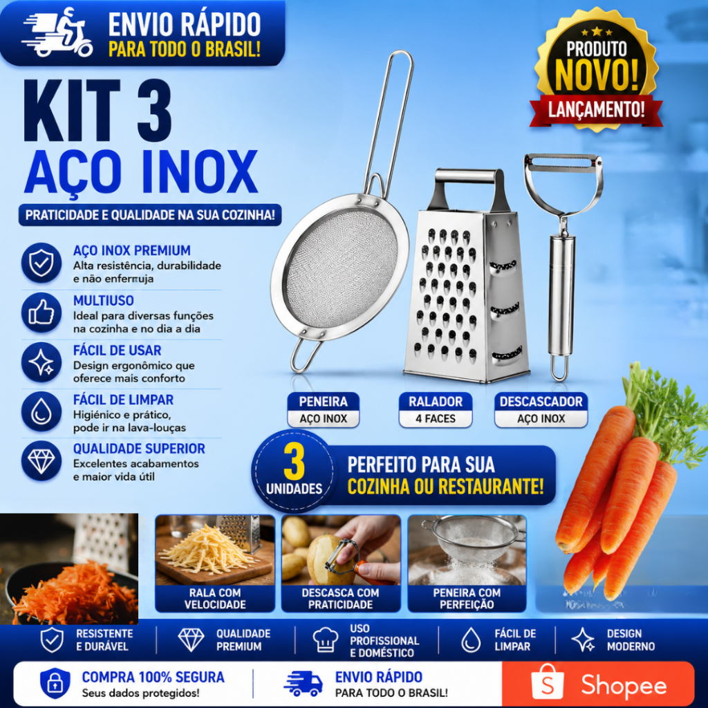 3 Un Sendo Peneira Ralador 4 Faces e Descascador Aço Inox Restaurante 1 Unidade Batedor de Ovos