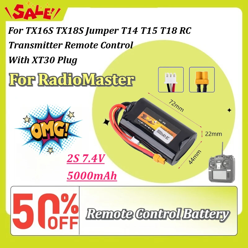New 2S 7.4V 5000mAh Battery XT30 Plug High Capacity for RadioMaster TX16S TX18S Jumper T14 T15 T18 RC Transmitter Remote Control