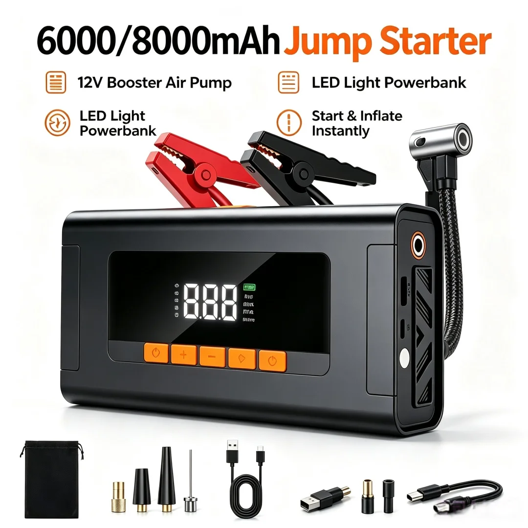 6000/8000 mAh Car Battery Starter&Air Pump 12V Booster Emergency Jump Starter LED Light Powerbank Compressor Auto Splitter
