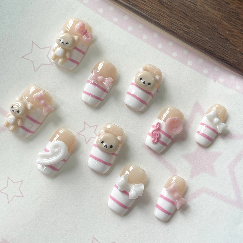Cartoon 3D Bear Sister Belted Wings Press On Nails Art Nude Color Pink White Stripes Diy Handmade Manicure Party Nails Stickers