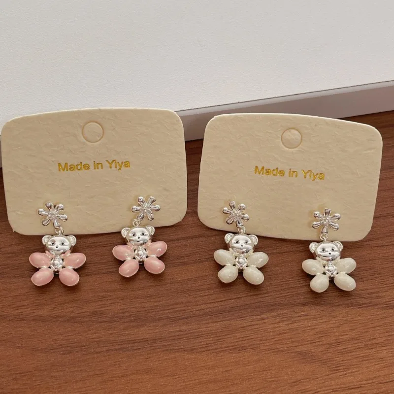 Minar Kawail White Pink Enamel Metallic Cartoon Bear Flower Statement Dangle Earrings for Women Silver Plated Copper Jewelry