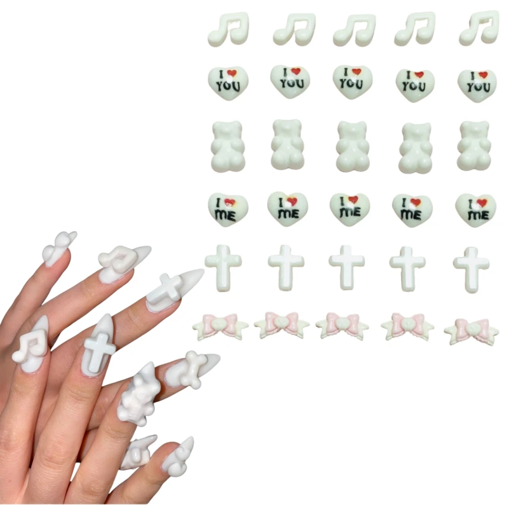 Y2K Cartoon Cute White Musical Note Pink Bow Jelly Bear I Love You Heart Stone Cross With Hole Charm Resin Decor Junk Phone Case