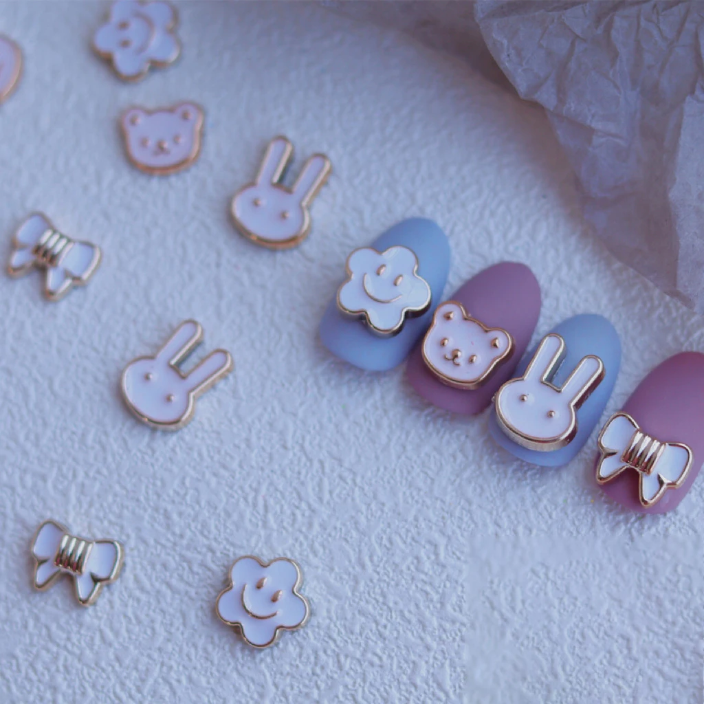 10Pcs Japanese Golden Edge Kawaii Nail Charm Jewelry Long Ear Bunny Bear Sun Flower Star Part Pink white Spray Paint Nail Decors