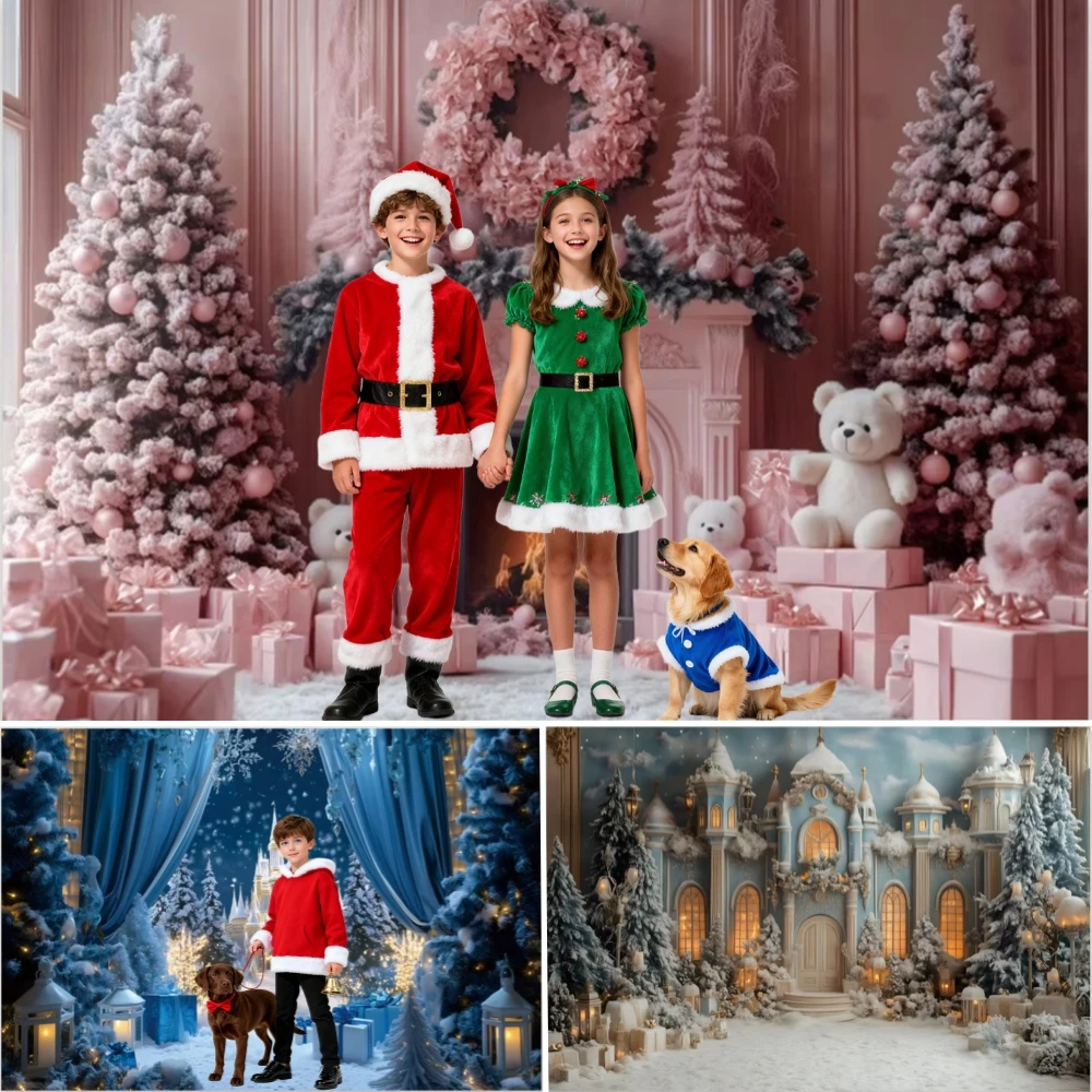 Christmas Castle Theme  Photography Background Cute Bear Pink Blue White Snowy Scene Family Party Decoration Photography Props