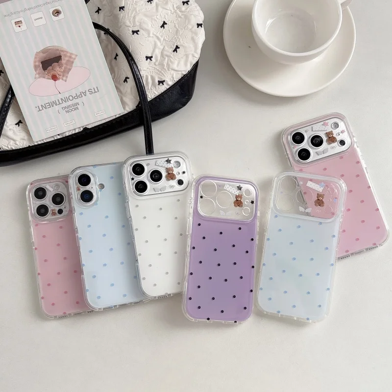 Korean Fashion Cute Pink Blue Purple White Polka Dots Phone case For iPhone 15 16 17 Pro Max angel wings Bear cartoon Cover﻿