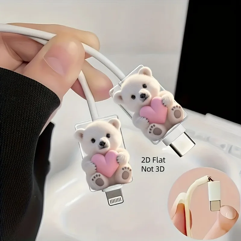 White Bear Cub Pink Heart Change Charger Protector Cover For iPhone For Samsung Type-C Charger Line Winder Cute Protector Cover