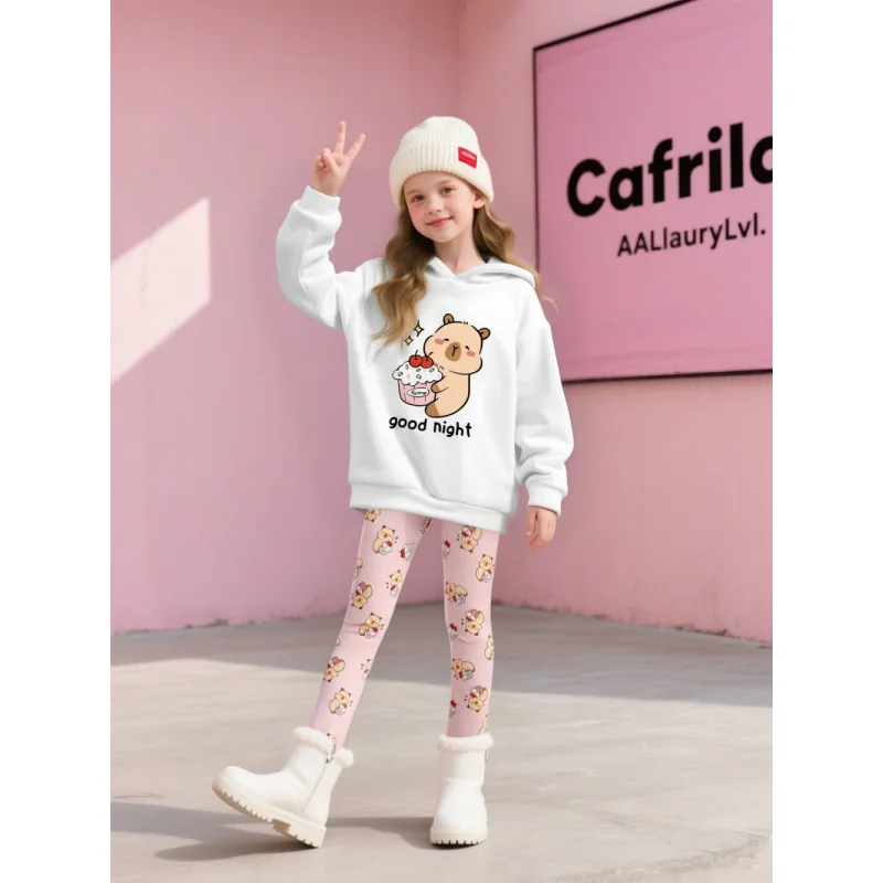 2026 Girls' Autumn and Winter Pink and White Cartoon Bear Casual Two-piece Set