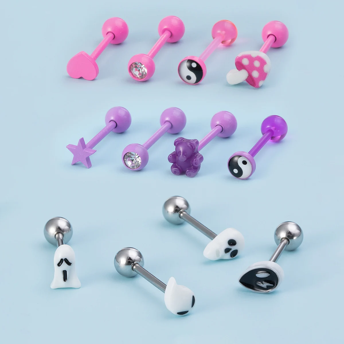4pcs/Lot White Purple Pink Tongue Piercing Barbell Heart Bear Halloween Tongue Ring Body Jewelry for Women 14G