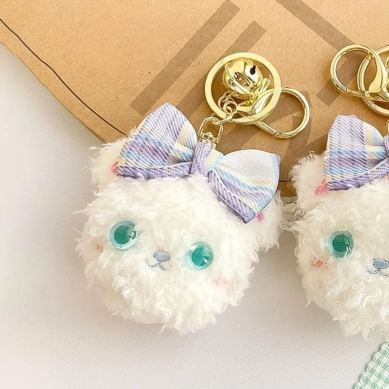 Puffy White Bear Keychain with Blue and Pink Bow - Cute Plush Cartoon Animal Charm for Backpack, Bag or Keys - Soft Fashion Ladi