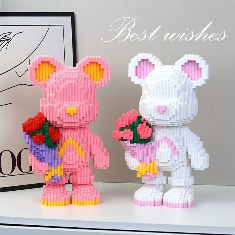 Block Bear Holding Bouquet Creative Ornament Pink and White Cubs Blocks Toy Kids Birthday Gift Anniversary Romantic Gift