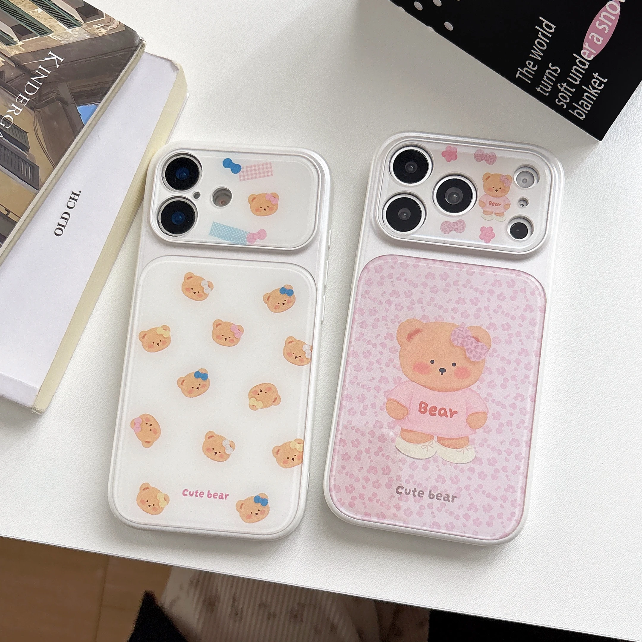 Sweet Cartoon Bear Phone Case Pink Leopard Print White Transparent Style Bow Sticker Shockproof Shell For iPhone17 16 15 Pro Max