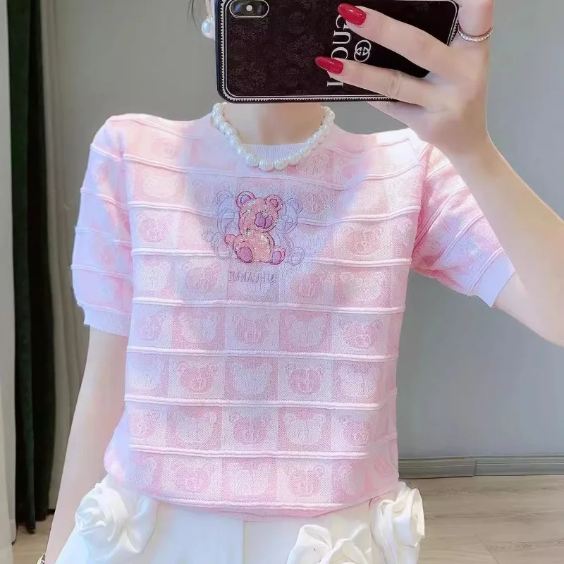 Sweet Summer Bear Sequins Knit Sweater T-shirt Women Pullover Short Sleeve Tops Office Lady Knitwear Pink White Outerwear New