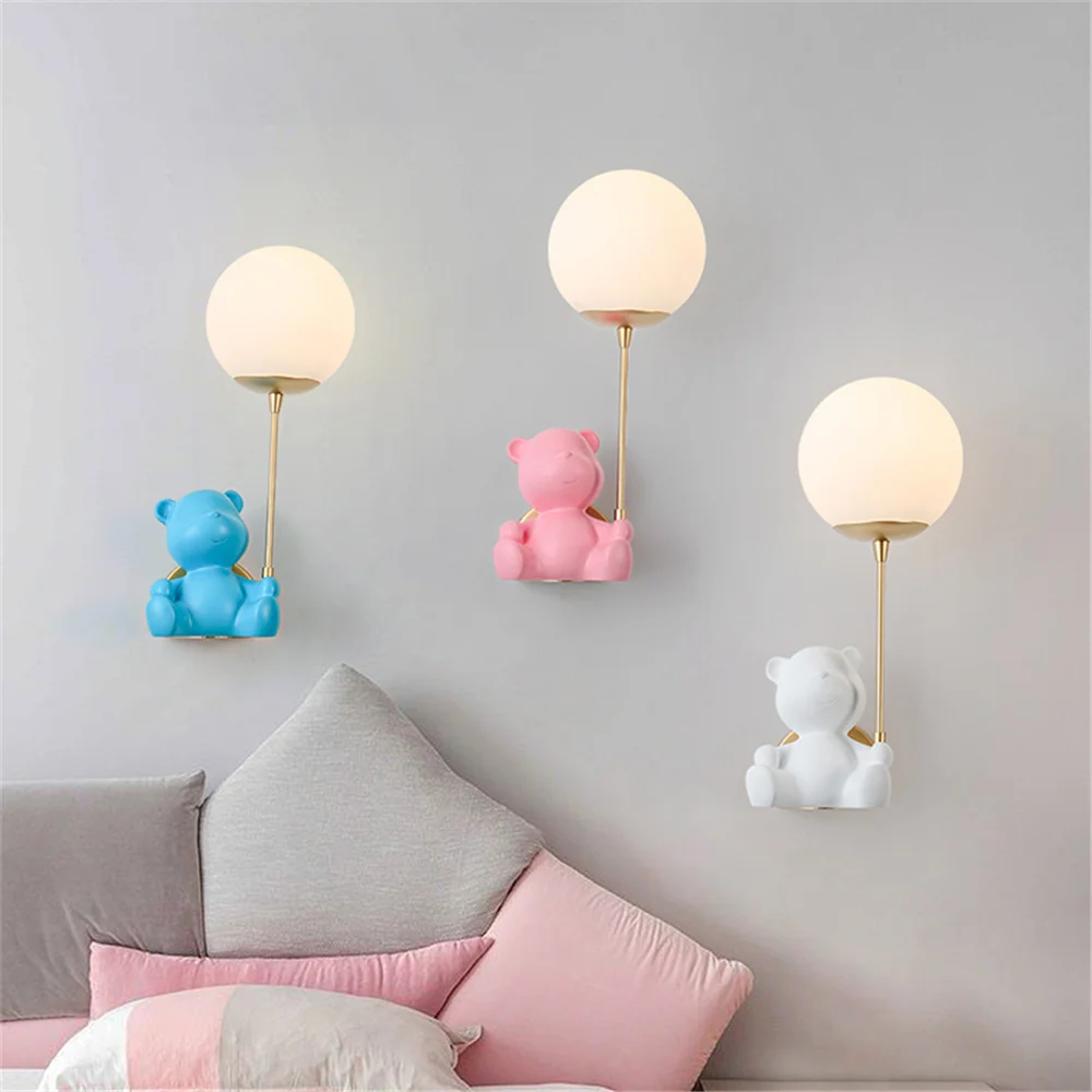 Nordic Cartoon Resin Bear Glass Ball Led Wall Lamp For Children Bedroom Bedside Hotel Aisle Stairs Home Deco Night Light Fixture