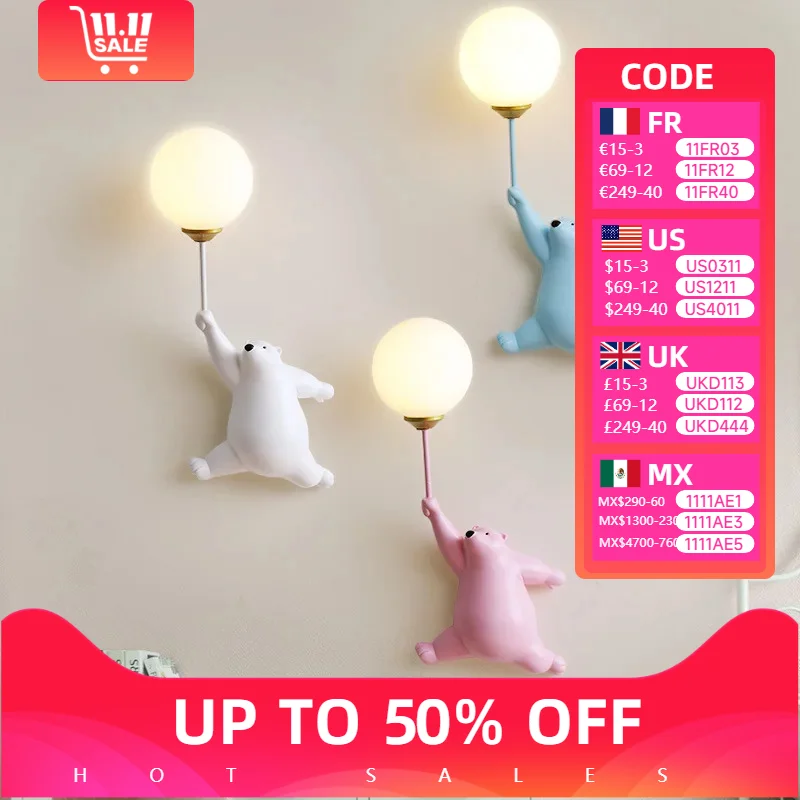 Art Creative Teddy Bear Cartoon Wall Lamps for Children's Bedroom Bedside Background Sconce Led Lights Home-appliance Decoration