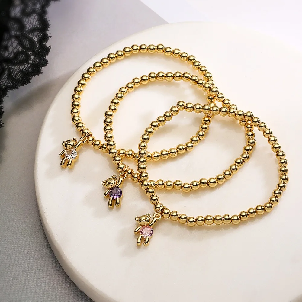 Trendy 18k Gold Plated Copper Round Beads Bracelets For Women White/Pink/Purple crystal Cute Bear pendant Bangle Jewelry Gift