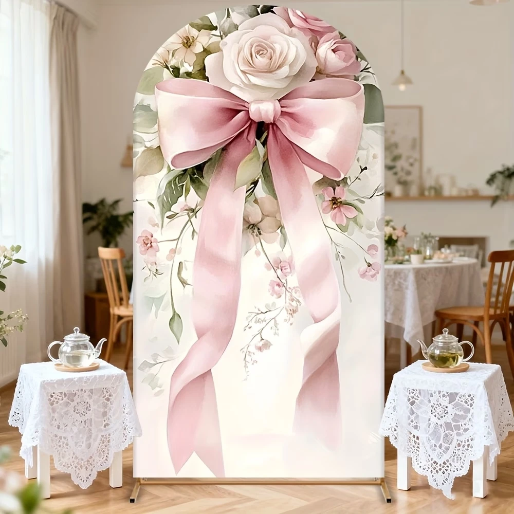 Custom 2-sided Elegant Floral Arch Backdrop Pink Bow White Rose Wedding Anniversaries Birthday Background Chiara Arch Covers