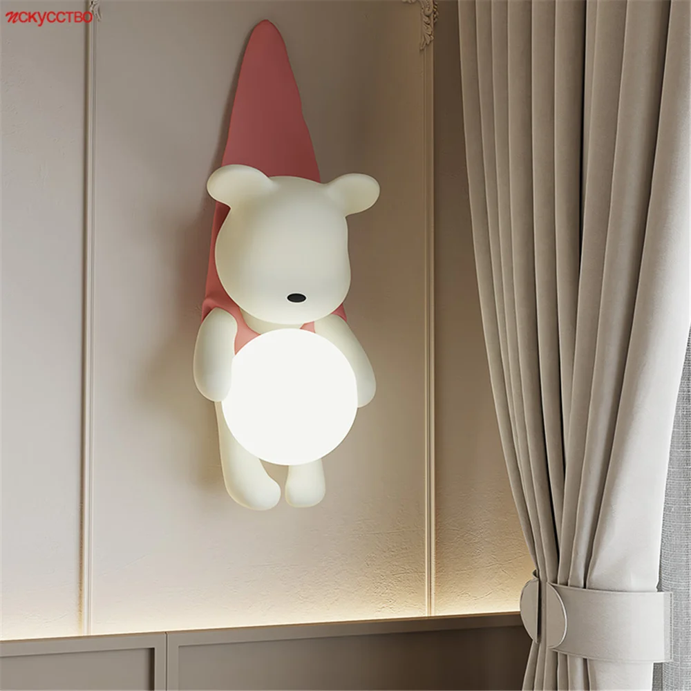 Korean Cream Style Resin Bear Led Wall Lamp Living Room Bedroom Study Children Night Light Creative Home Decor Corridor Sconces