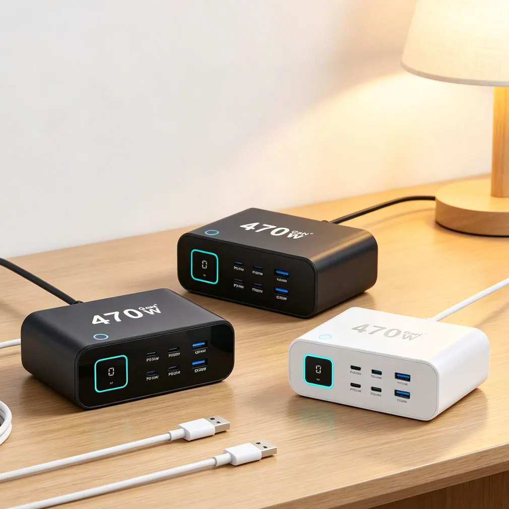 Universal Portable 6-Port 470W GaN Fast Charger USB-C PD TFT Digital Display Desktop Charging for Phone & Tablets Dropshipping