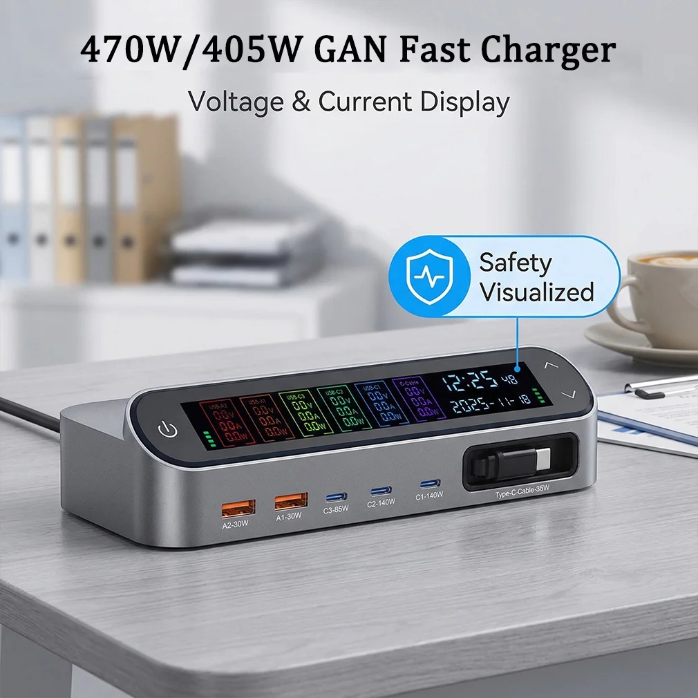 New 470W/405W GAN Fast Charger with LCD Display Screen Multi Port 140W Type C Desktop Charging With 65W Scalable Charging Cable