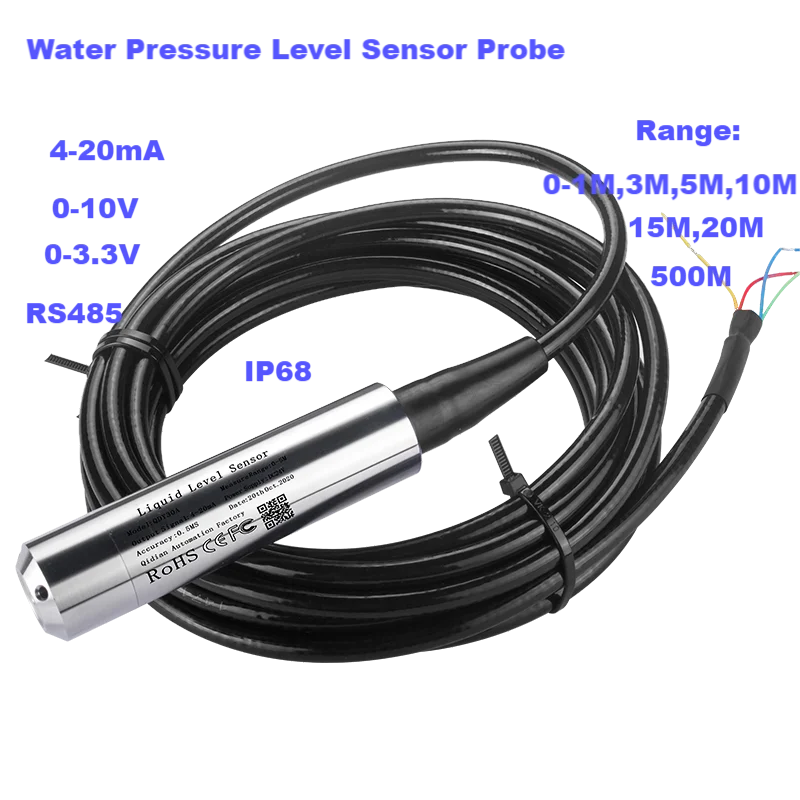 0-500M Range Hydrostatic Liquid Level Transmitter 4-20mA 0-10V 0-3.3V Output Water Pressure Level Sensor Probe 0-5M 10M 15M 50M