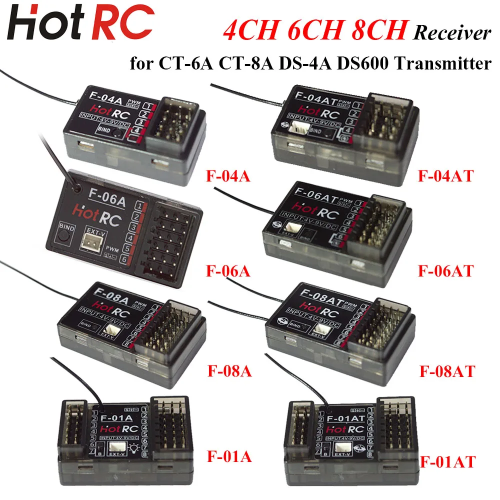 HOTRC 2.4Ghz 4/6/8 Channel F-04A F-06AT F-08AT F-01AT PWM Light Control Gyro Receiver for RC Transmitter Car Boat Airplane Tank