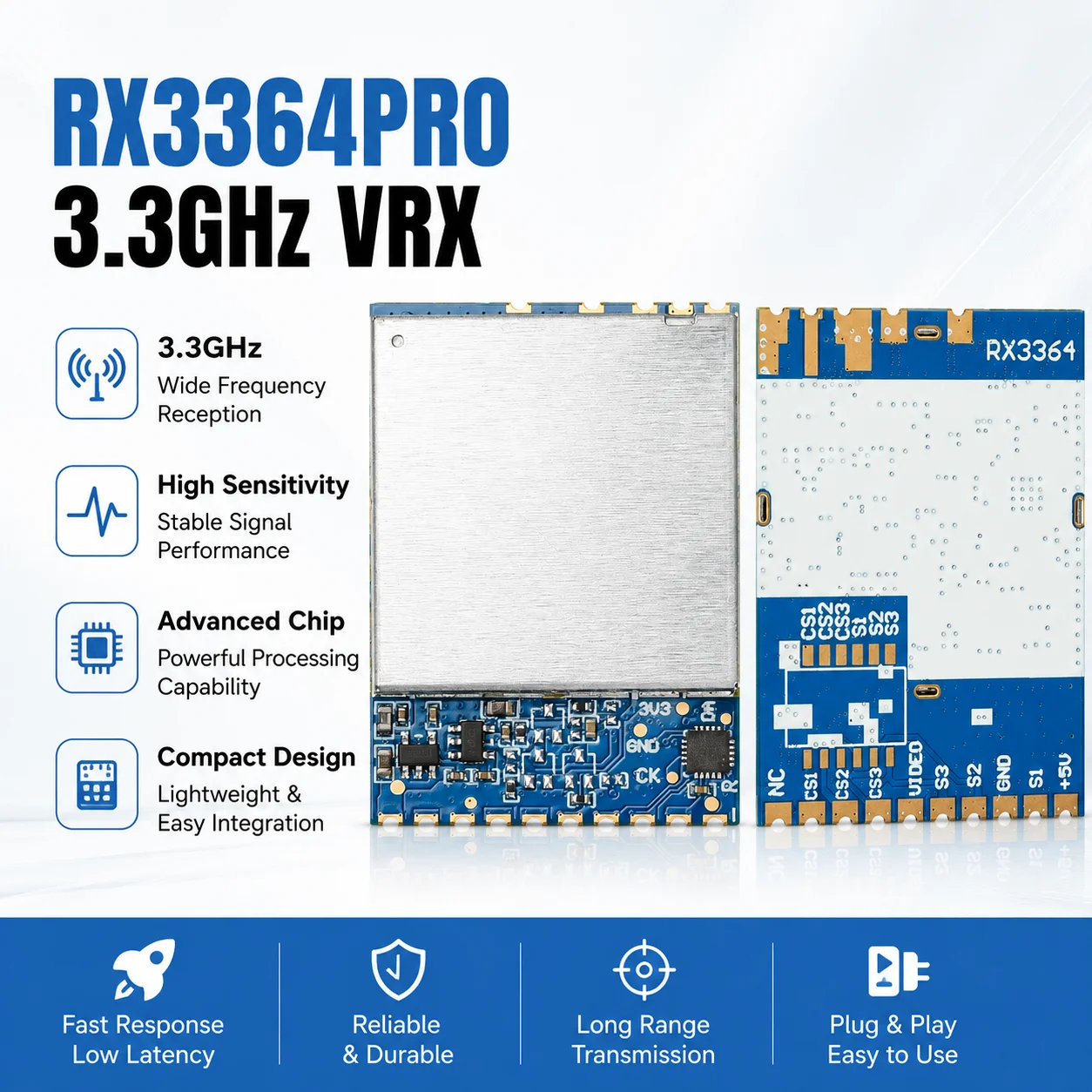 RX3364PRO 3.3GHz Wireless FPV Audio Video Receiver Module 3060-3500MHz Frequency Simulates Wireless Audio Video Transmission
