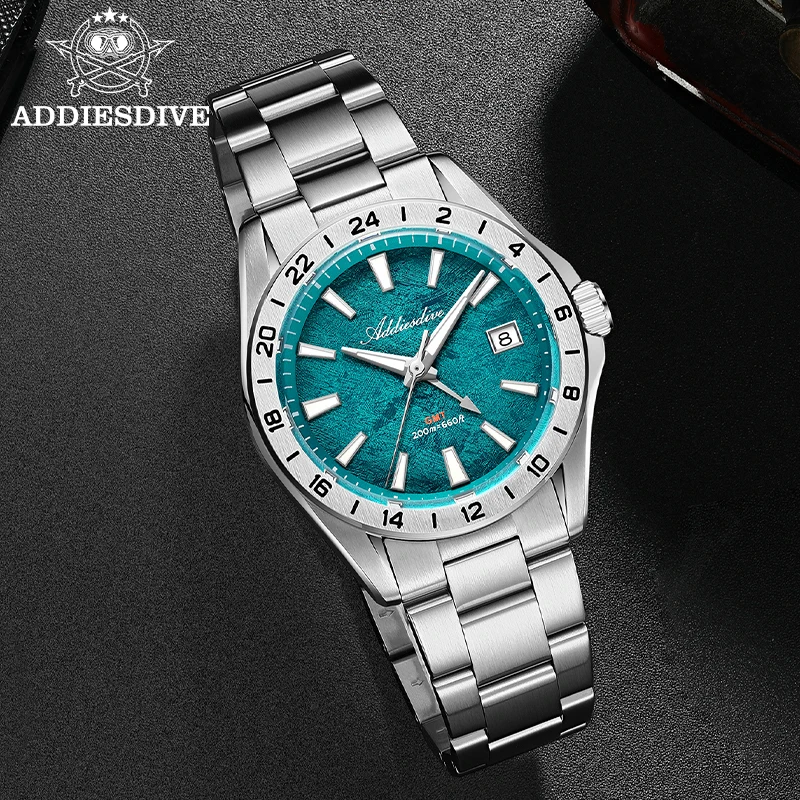 ADDIESDIVE Synthetic Sapphire Glass BGW9 Super Luminous AD2548 Men Watch 200m Waterproof Swiss Ronda 515-24H GMT Quartz Watches