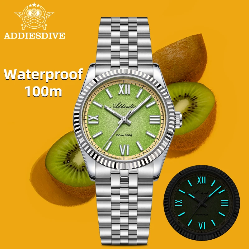 ADDIESDIVE Men VH31 Quartz Watch 36MM Sapphire Glass 100M Waterproof Watches Colorful Dial Super Luminous Luxury Gift For Man
