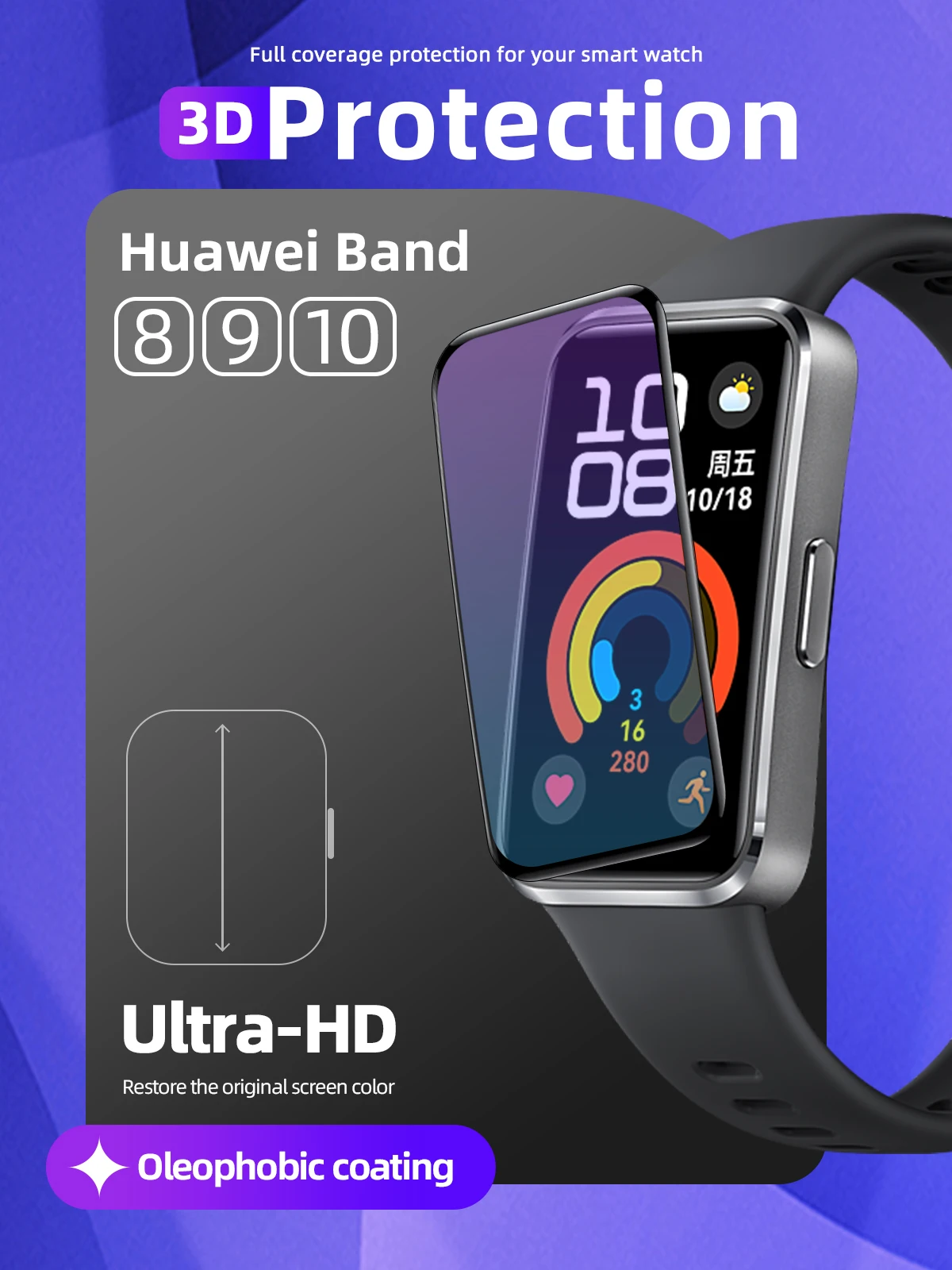 3D Protection Film for Huawei Band 10/9/8 Screen Protector, Full Coverage 99% HD Clarity Anti-scratch Bubble-Free Accessories