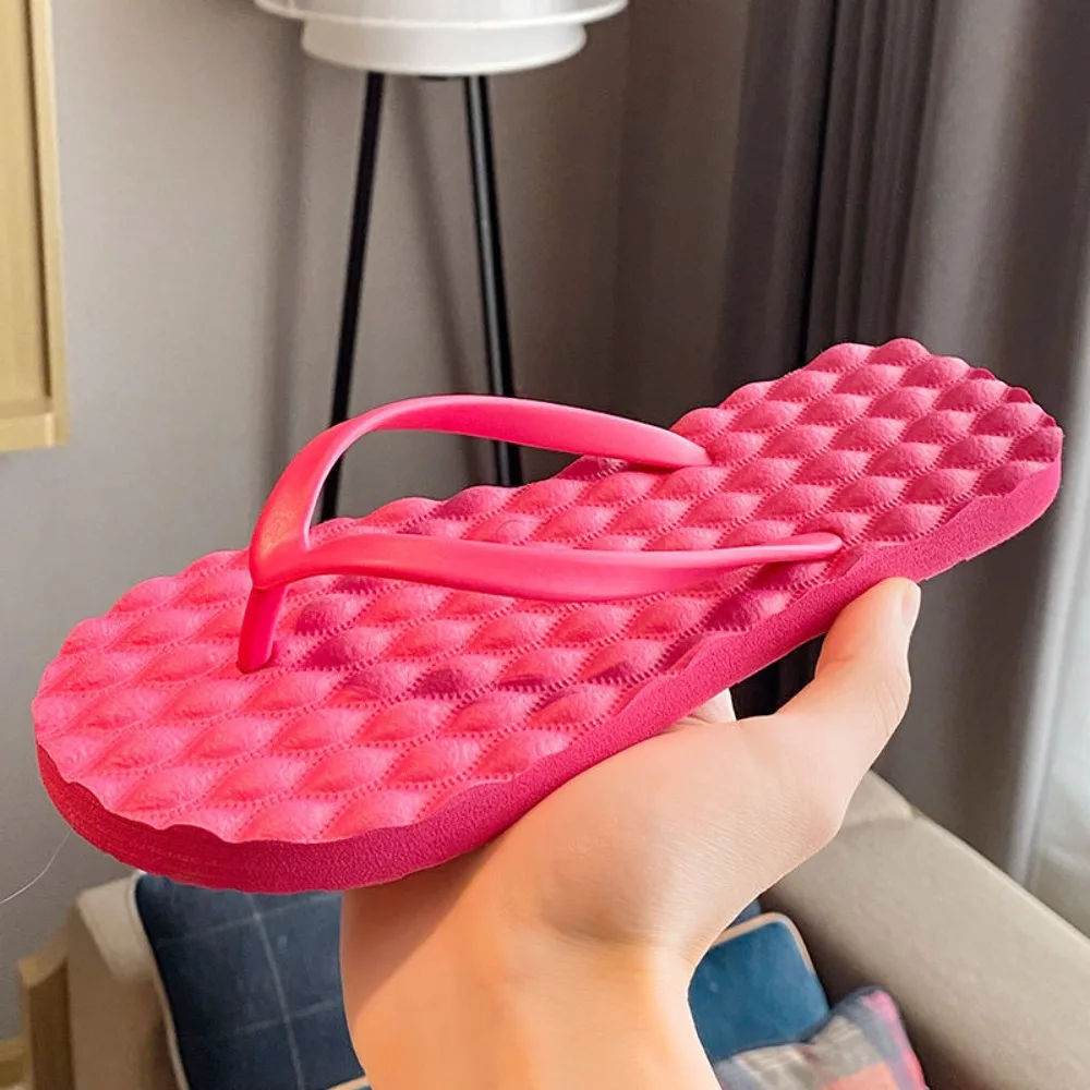 All Match Solid Color Flat Soled Slippers Massage Anti Slip Platform Flip Flops Beachwear Lingge Home Slides Sandals Bathroom