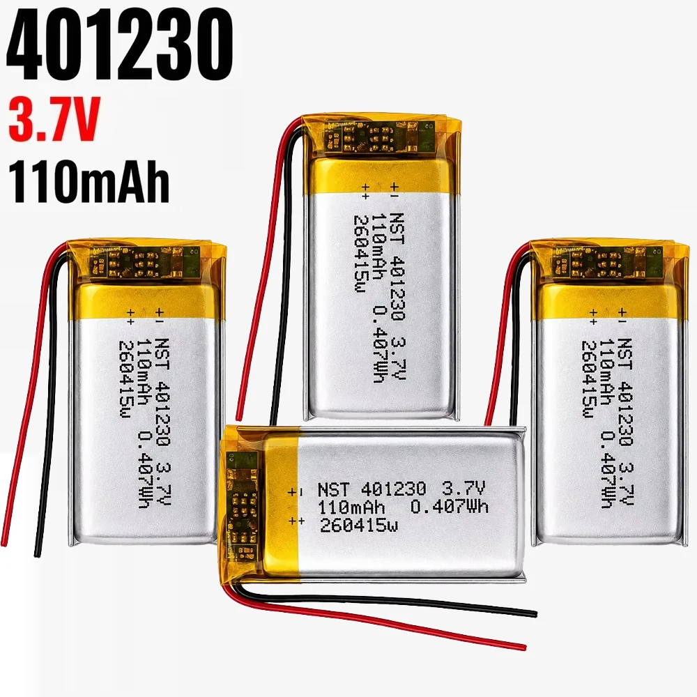 401230 3.7V 110mAh Lithium Polymer Battery Rechargeable and Suitable for MP3 Players Dashcams and Other Electronic Devices.