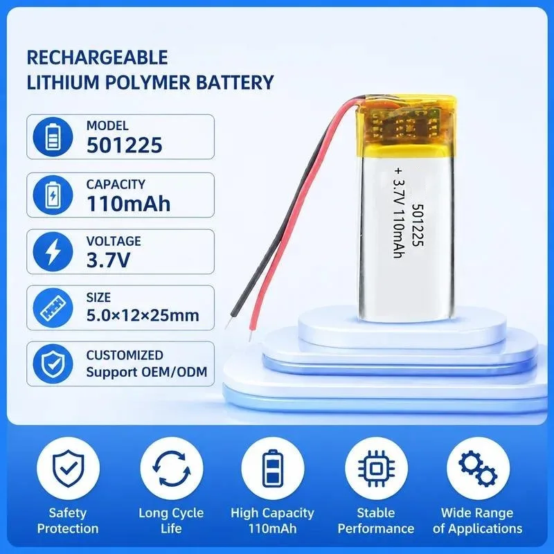 100pcs 501225 polymer battery 110mAh bluetooth headset night light recorder battery 3.7V rechargeable lithium battery