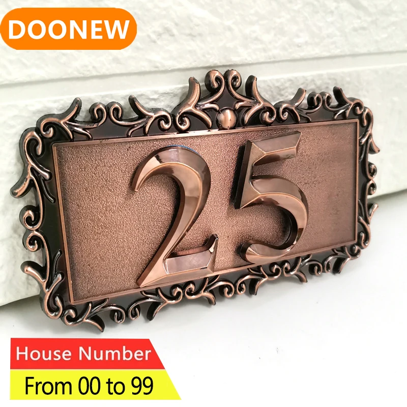 House Number Door Plate Custom Sign Number Sticker For Hotel Apartment  ABS Plastic 2 Digits With A Frame Imitation Metal Bronze