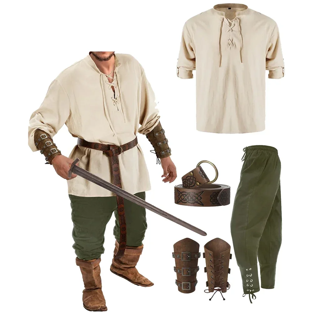 4 Pcs Halloween Party Outfits Men's Renaissance Costume Medieval Viking Pirate Cosplay Shirt Ankle Banded Pants Belt Accessories