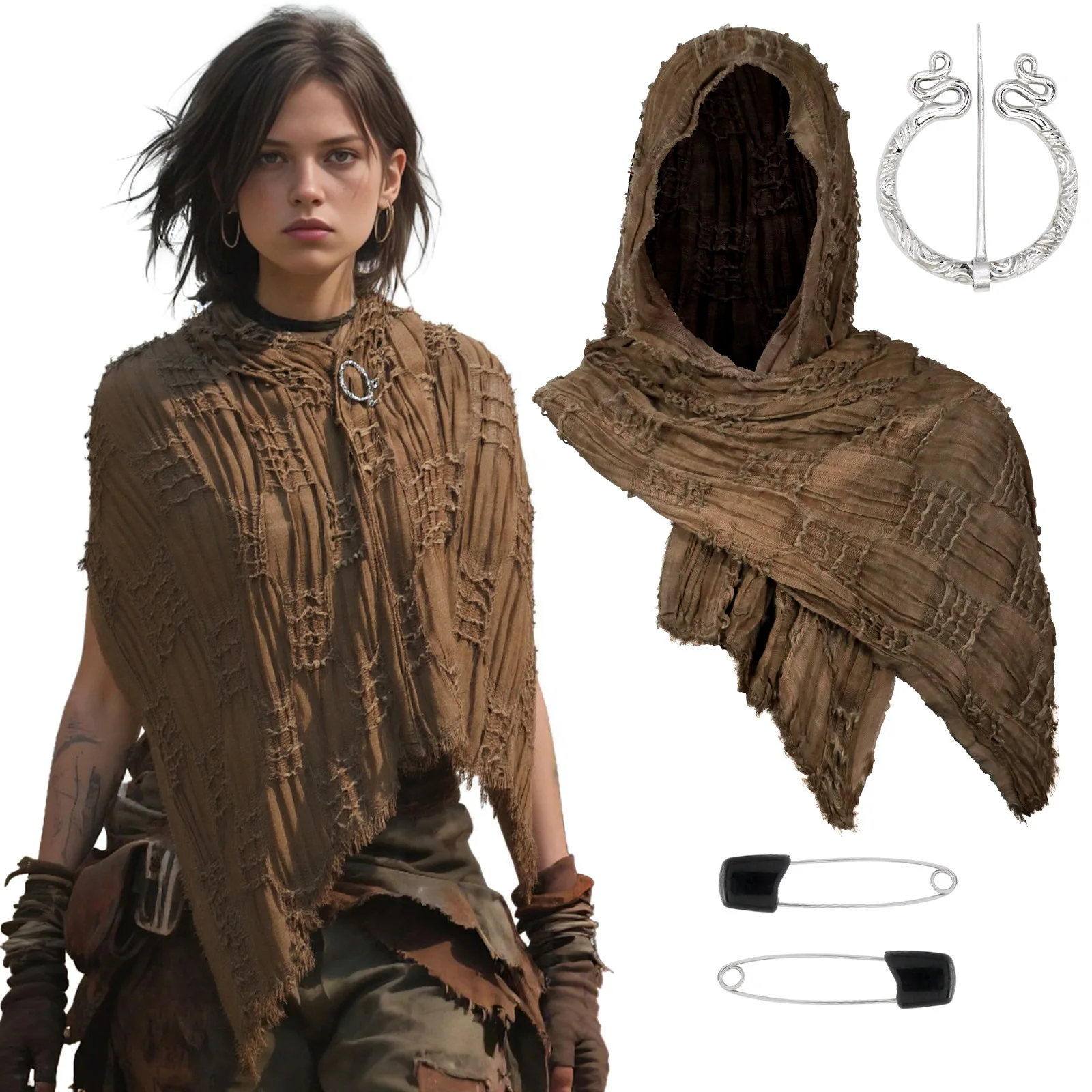 Cotton Linen 4 Pcs Set Distressed Desert Scarf Vintage Medieval Shawl Wrap Post Apocalyptic Wasteland Layered Headband