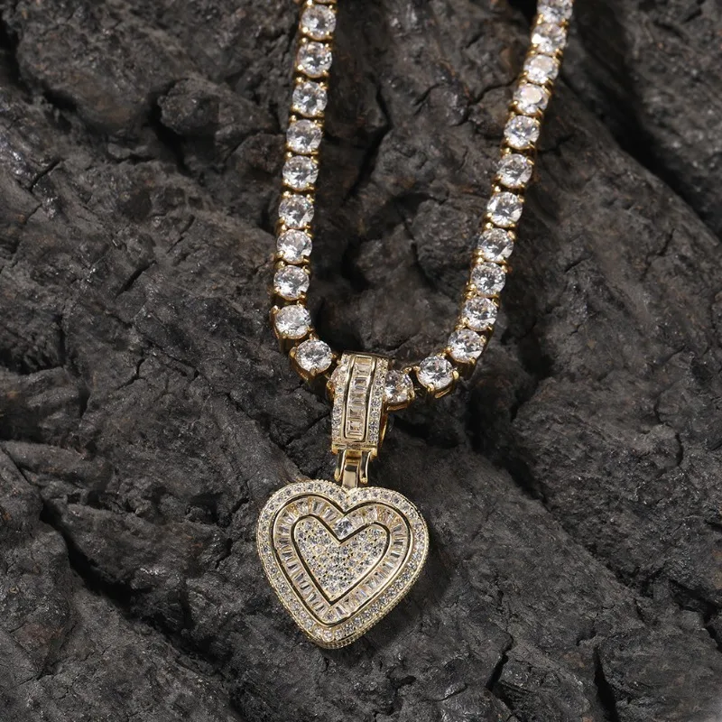 Iced Out Heart Pendant Necklace Snake Chain Baguette And Round Cz Diamond Heart Charm Bling Hip Hop Jewelry Gift For Women